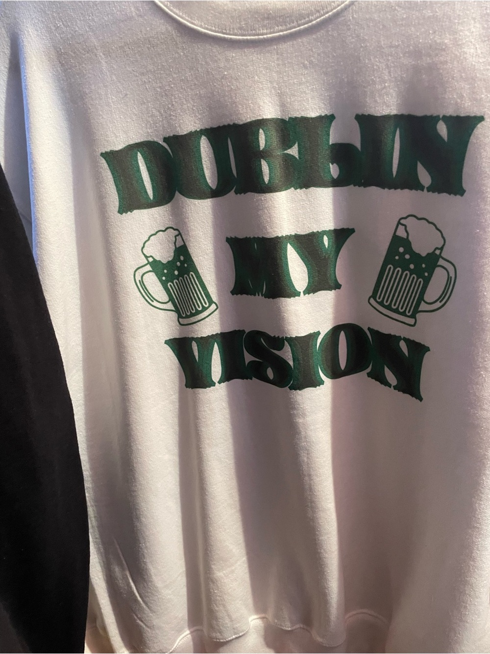 Gildan White Sweatshirt with Green "Doublin My Vision" Beer Graphic